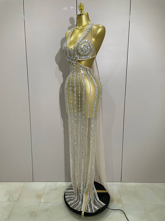 Luxury Sparkly Diamonds Sequins Sexy Mesh See Through Long Dress Women Celebrate Birthday party Dresses Festival Costume
