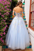 Spring Off Shoulder Ball Gown Vestido De Novia Flower Lace Evening Dress Baby Blue Corset Maxi Prom Dress