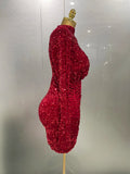 Sexy Sparkly Red Sequins Long Sleeve Short Dress Women Evening Celebrate Birthday Party Club Performance Stage Costume
