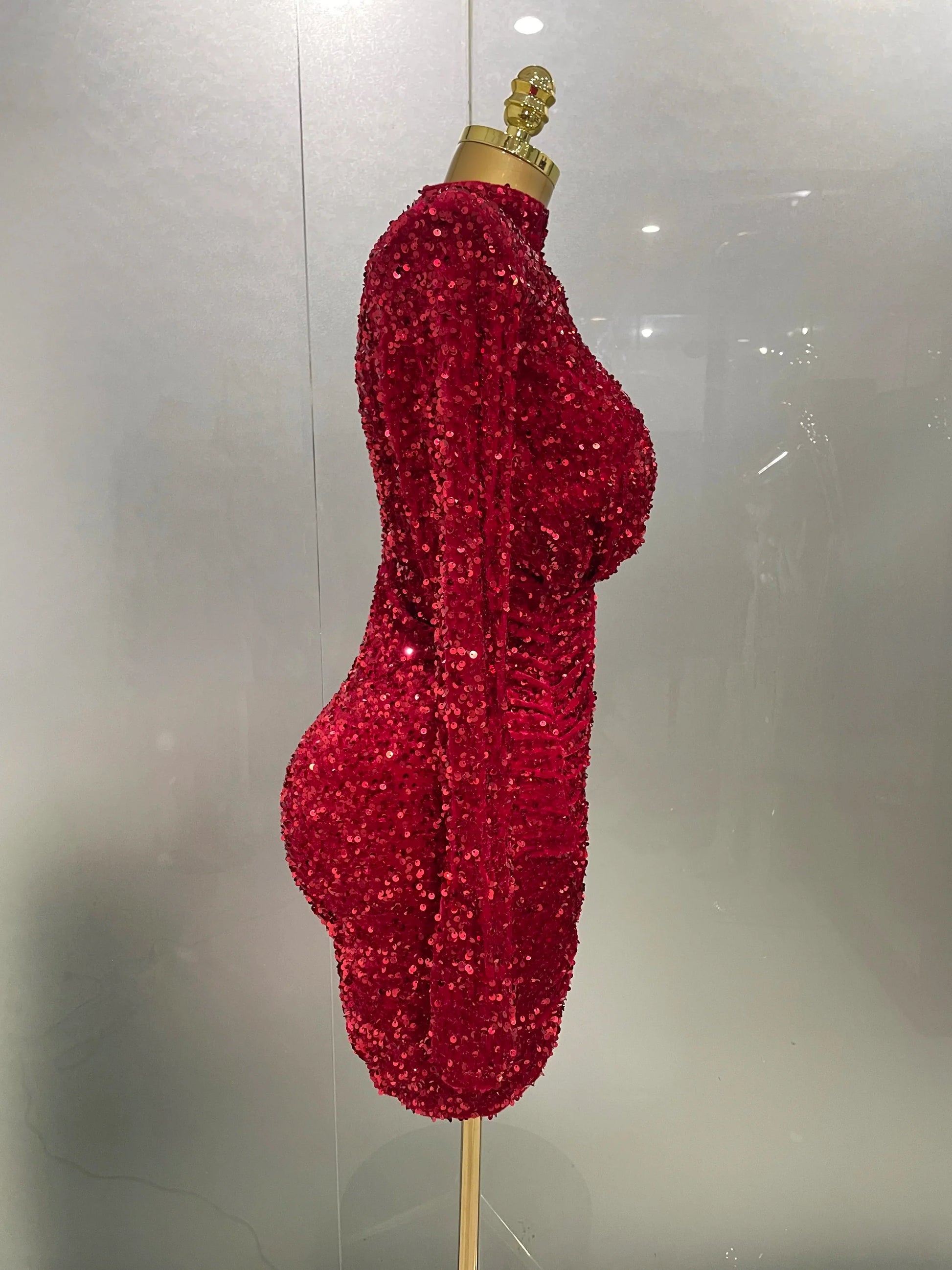 Sexy Sparkly Red Sequins Long Sleeve Short Dress Women Evening Celebrate Birthday Party Club Performance Stage Costume