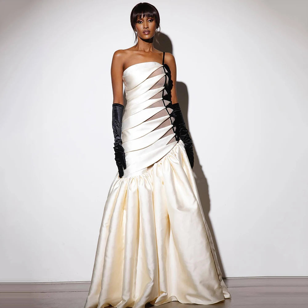 Elegant Strapless Slim Long Dress Sexy One Shoulder Black And White Contrasting Evening Gowns Banquet Wedding Dress For Women WHITE