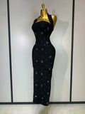Elegant Sparkly Rhinestone Pearl Halter Backless Bodycon Bandage Long Dress Women Luxury Birthday Evening Party Gowns