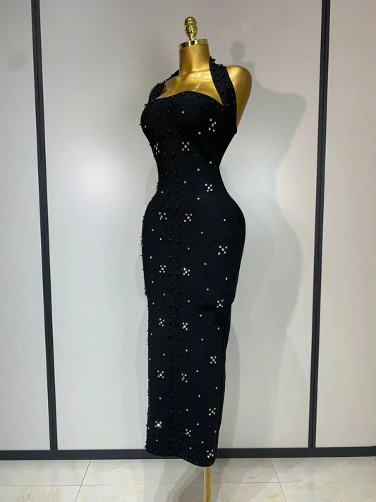 Elegant Sparkly Rhinestone Pearl Halter Backless Bodycon Bandage Long Dress Women Luxury Birthday Evening Party Gowns