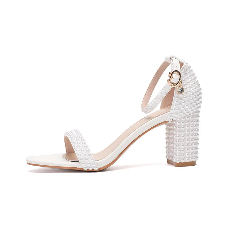 Luxury Pearls Rhinestones Thick Heeled Women Sandals Concise High heels Gladiator Sandals Fashion Female Banquet Party Shoes White