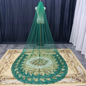 1 Layer Lace with Sequins Wedding Veil 3 Meters Green Cathedral Length Bridal Veil