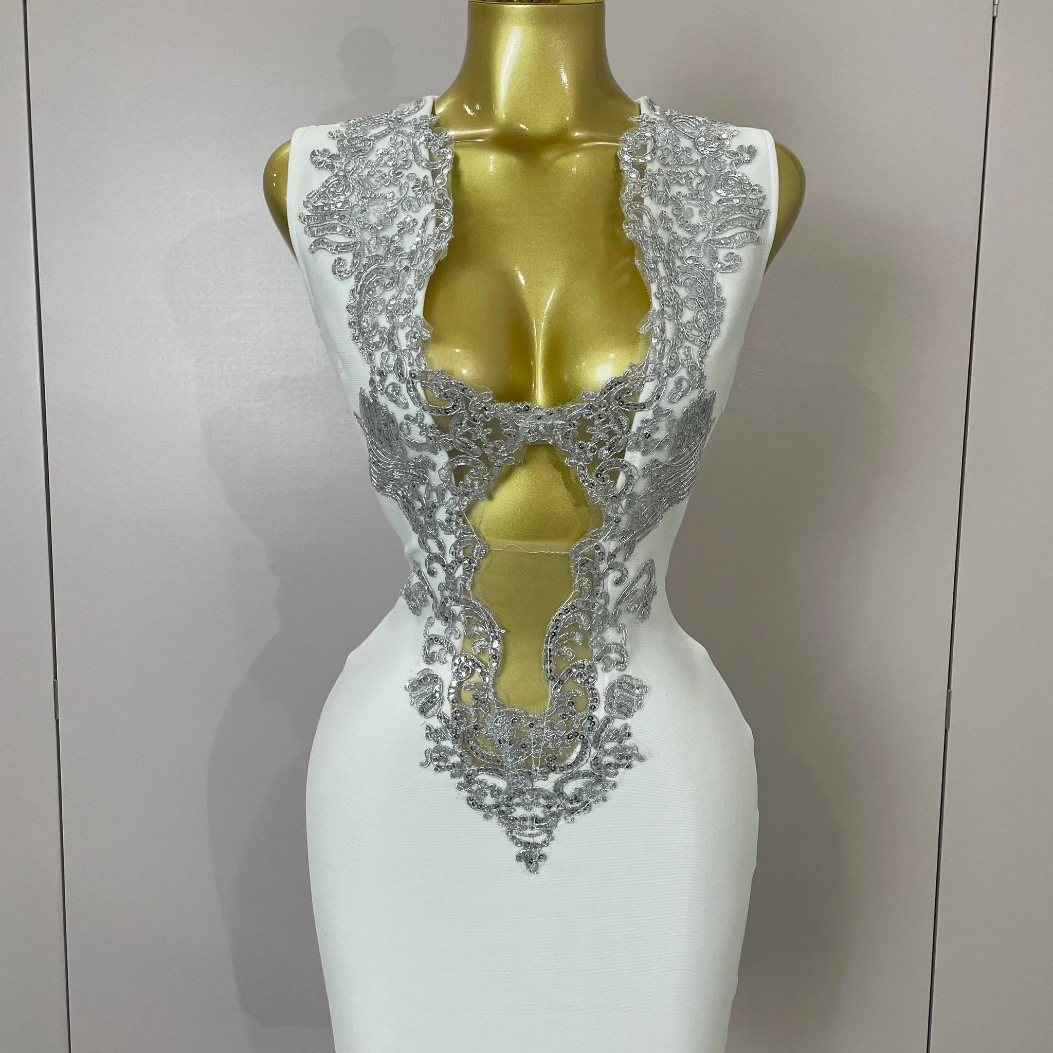 Sexy Silver Sequin White V Neck Cut Out Short Bandage Dress Women Elegant Luxury Birthday Party Club Wedding Vestidos WHITE