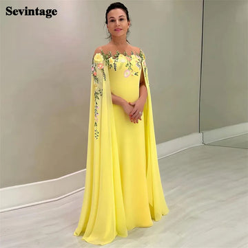 Fairy Yellow Chiffon Prom Dress Mermaid Cap Sleeves Appliques Formal Evening Dress Slit Floor Length Party Gowns
