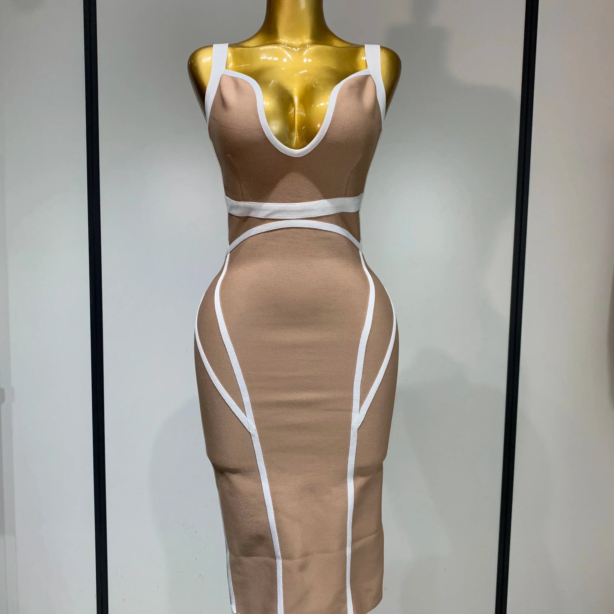 Women Sexy V Neck Striped Midi Bandage Bodycon Dress Celebrity Elegant Evening Club Party Luxury Birthday Outfit Khaki