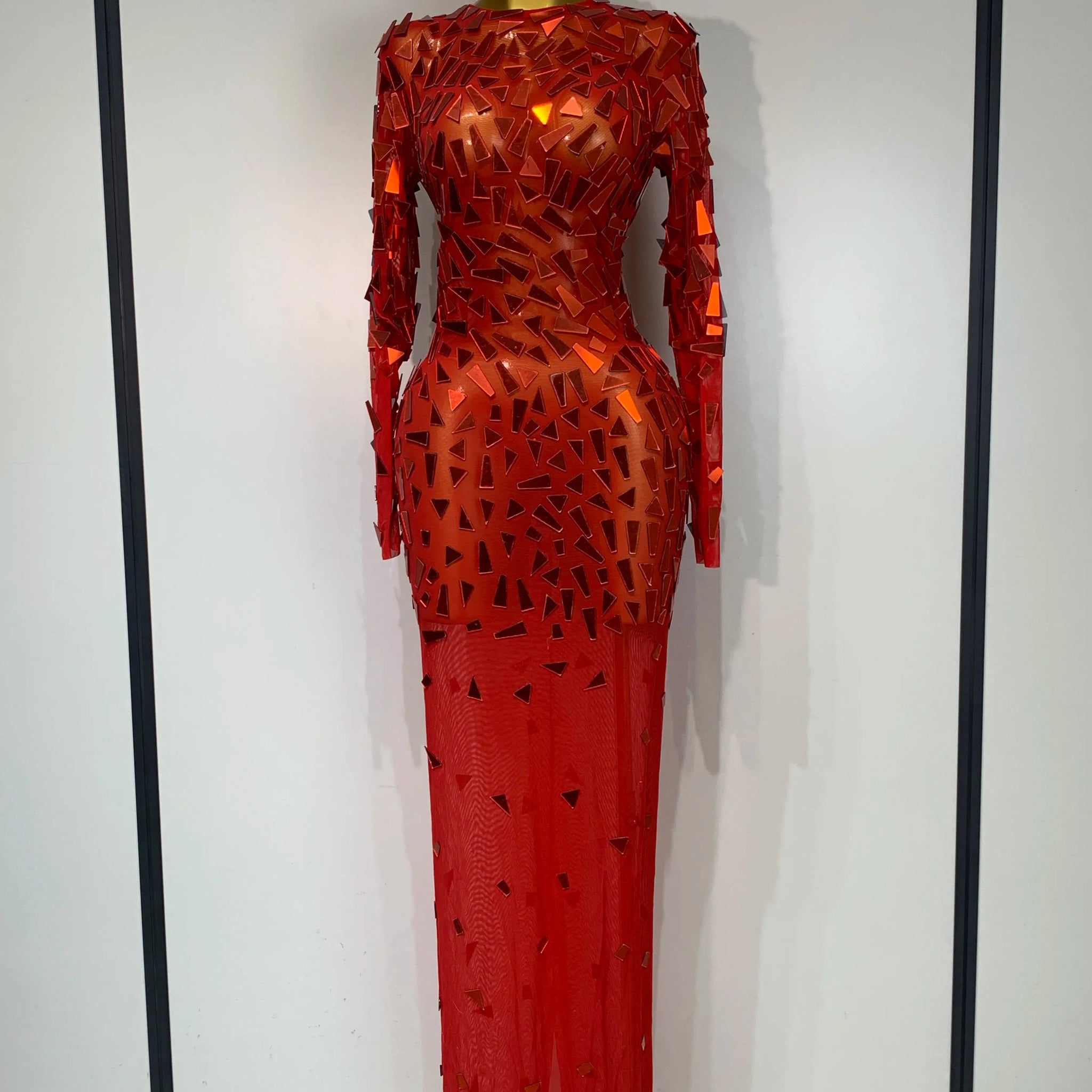 Sparkly Sequin Red Long Dress Luxury Birthday Celebrate Wedding Evening Prom Clothing Sexy Mesh See Through Strech Evening Gown Red