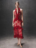 Sexy Lace Midi Halter Dress Women Red Ruffle Backless Sleeveless Party Dresses Summer Lady Vacation Robes New