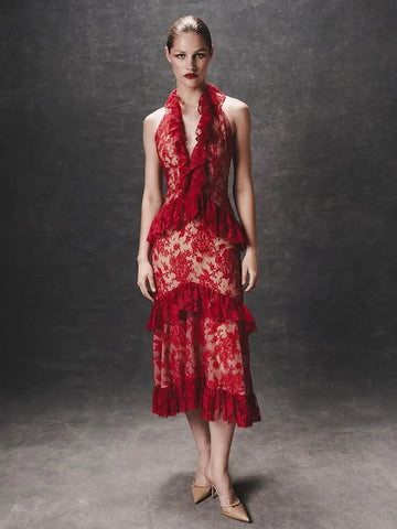Sexy Lace Midi Halter Dress Women Red Ruffle Backless Sleeveless Party Dresses Summer Lady Vacation Robes New