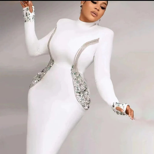 Black White Color Women Long Sleeve Shinning Rhinestones Bodycon Long Bandage Dress Evening Party Celebrate Outfit Vestido WHITE