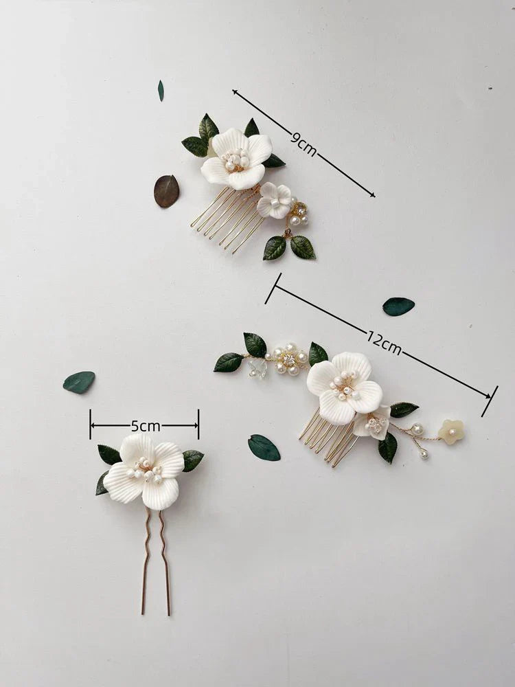 Wedding Accessories Porcelain Flower Hair Pin Clip Leaf Hairpins For Brides Bridesmaids Gold Color Head Pieces Bridal Jewelry