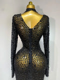 Sparkly Luxury Rhinstones Long Sleeve Elegant Party Dress Women Performance Stage Outfit Evening Birthday Prom Gown