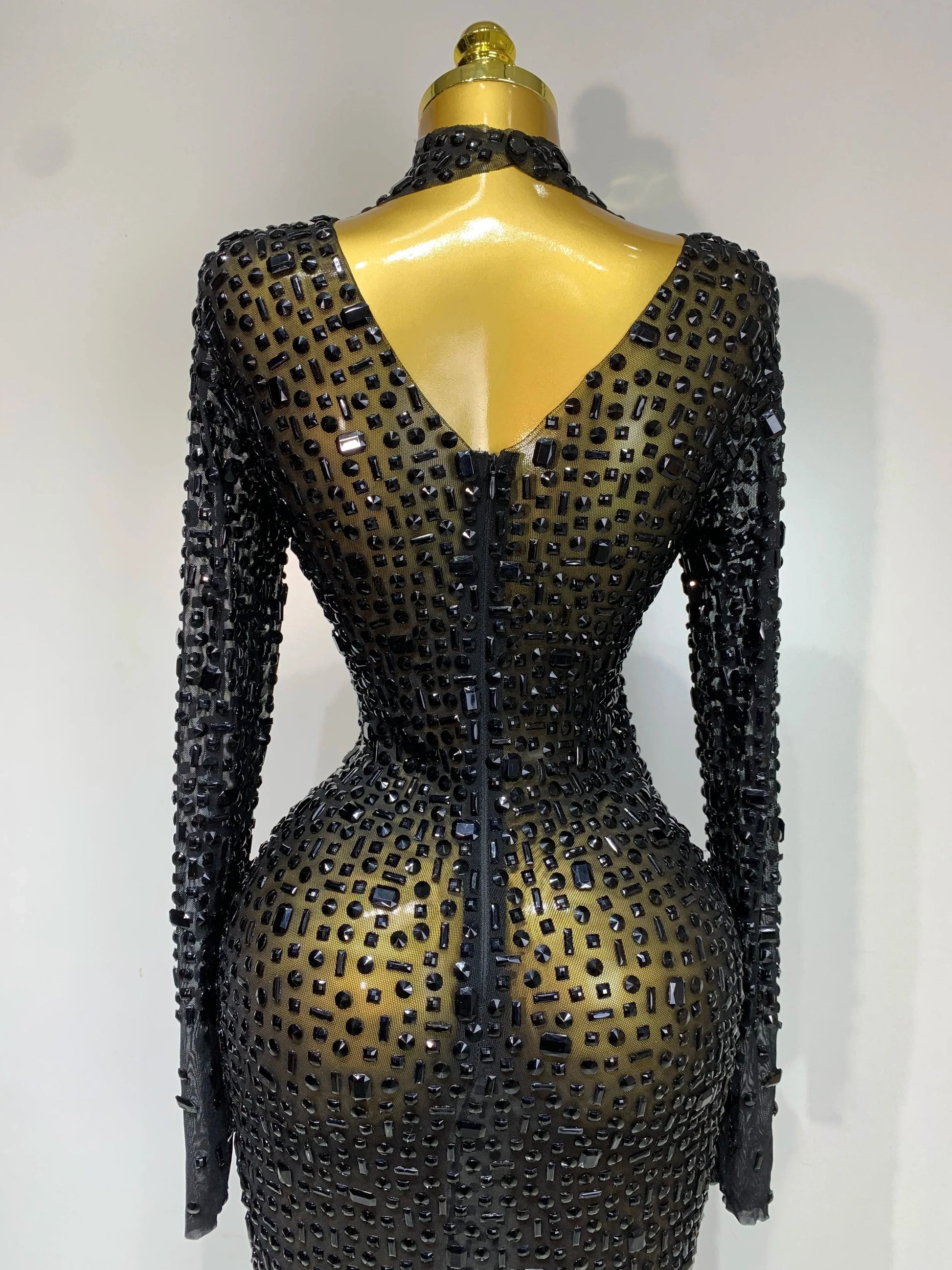 Sparkly Luxury Rhinstones Long Sleeve Elegant Party Dress Women Performance Stage Outfit Evening Birthday Prom Gown