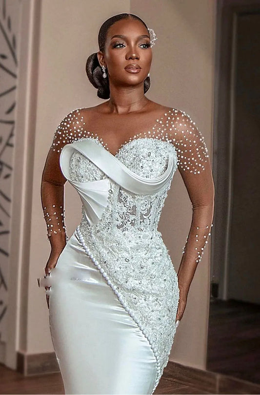 white lace mermaid wedding dresses pearls beaded sheer long sleeves bridal gowns african sweep train wedding vestidos
