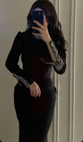 Red Black Color Women Long Sleeve Shinning Crystal Bodycon Long Bandage Dress Elegant Celebrate Evening Party Cocktail Dress