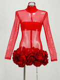 2024 Sexy Women's Perspective Mesh Mini Dress Stand Collar Long Sleeve Bodycon 3D Flower Decoration Dress Evening Party Vestidos Red