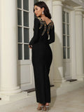 2024 Women's Heavy Industry Nail Bead Design Bandage Dress V-neck Long Sleeve Bodycon Split Length Dresses Club Party Vestido
