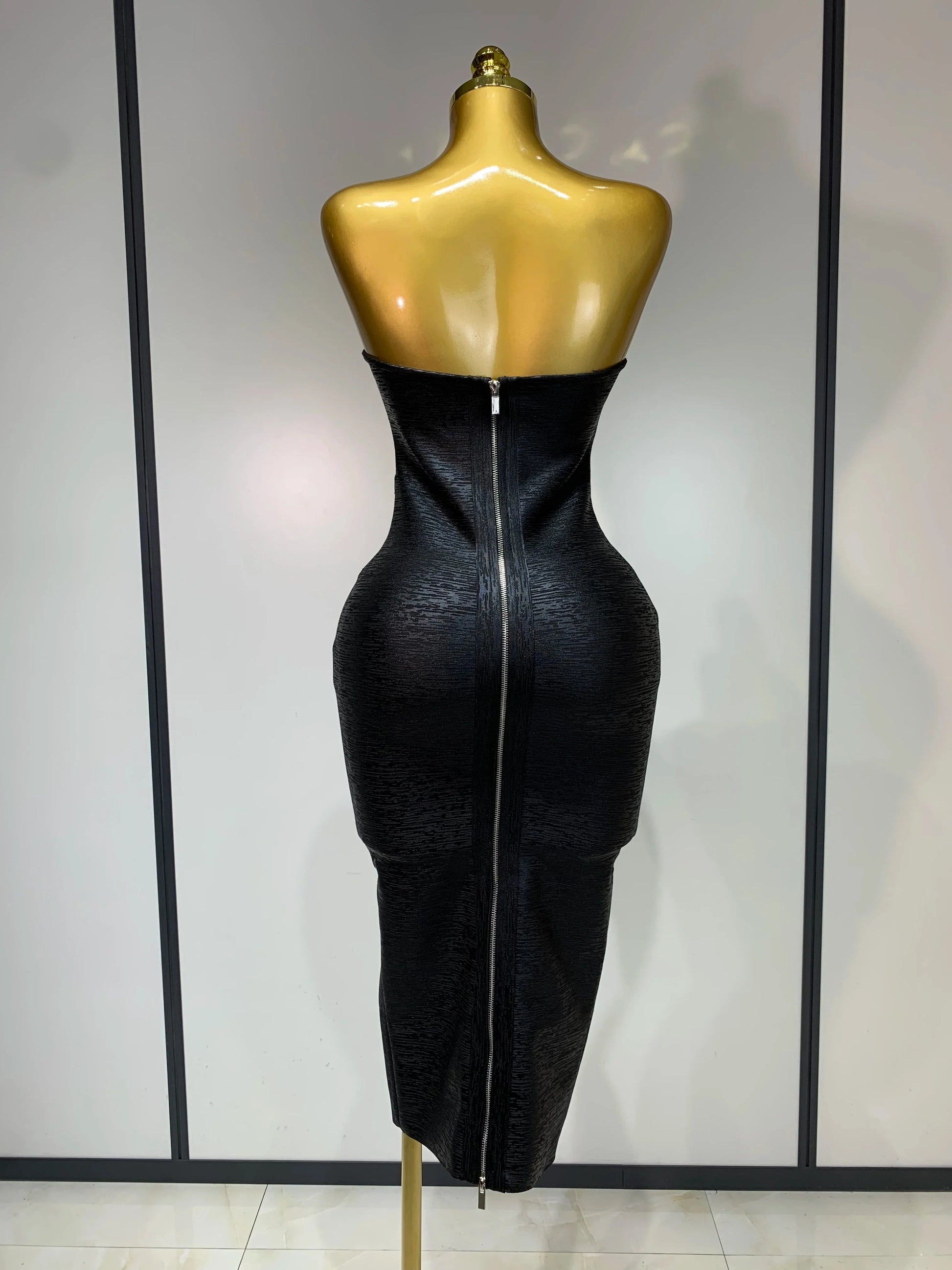 New Women Sexy Strapless Black Foil Color Bodycon Bandage Dress Fashion Celebrate Evening Party Luxury Birthday Dresses
