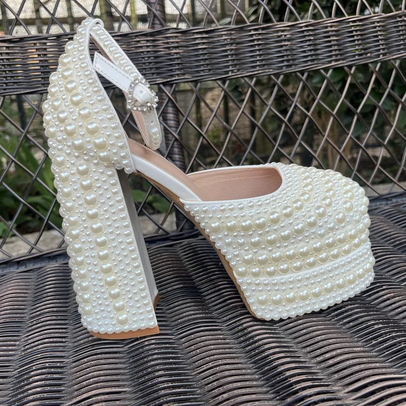 Luxury Handmade Full Pearls Beaded Platform Wedges Women Pumps Fashion Chunky Heeled Ultra High heels Banquet Dress Wedding Shoe