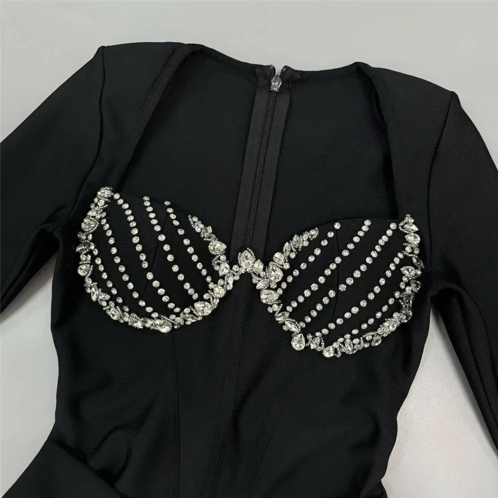 High Quality Women Long Sleeve Sqaure Collar Shinning Diamond Bodycon Long Bandage Dress Celebrate Elegant Evening Party Wear