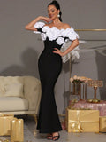 Elegant Women Light Luxury Flower Design Bandage Dress with One Collar Shoulders Bodycon Banquet President's Dress Vestidos