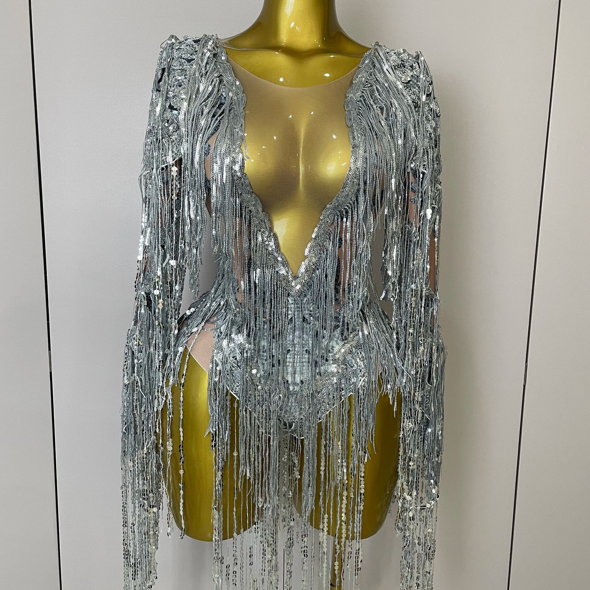 Flashing Sequins Tassels Sexy See-Through Sheath Bodysuit Evening Party Nightclub Dancer Stage Perfprmance Costume Silver