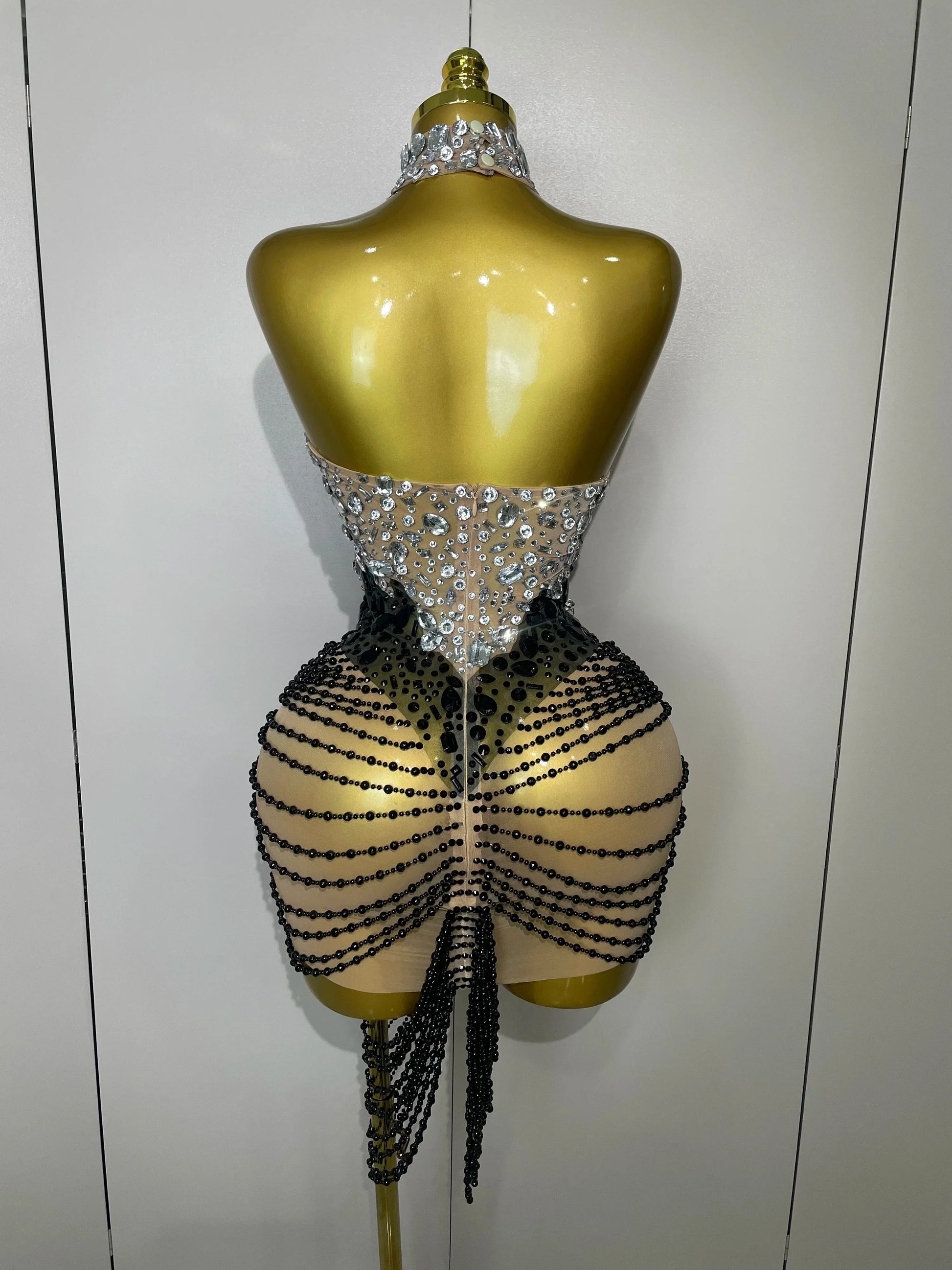 Sparkly Crystals Beading Short Dress Women Sexy Mesh Backless Evening Prom Celebrate Birthday Dress Photo Shoot Wear