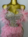 Women Pink Ruffles Sexy Strapless Mini Tops 2 PCS Set Dress Nightclub Bar Birthday Party Evening Stage Performance Costume
