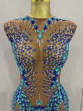 Luxury Sparkly Rhinestones Nude Sexy Mesh Maxi Dress Women Evening Birthday Party Elegant Gown Show Red carpet Stage Costume
