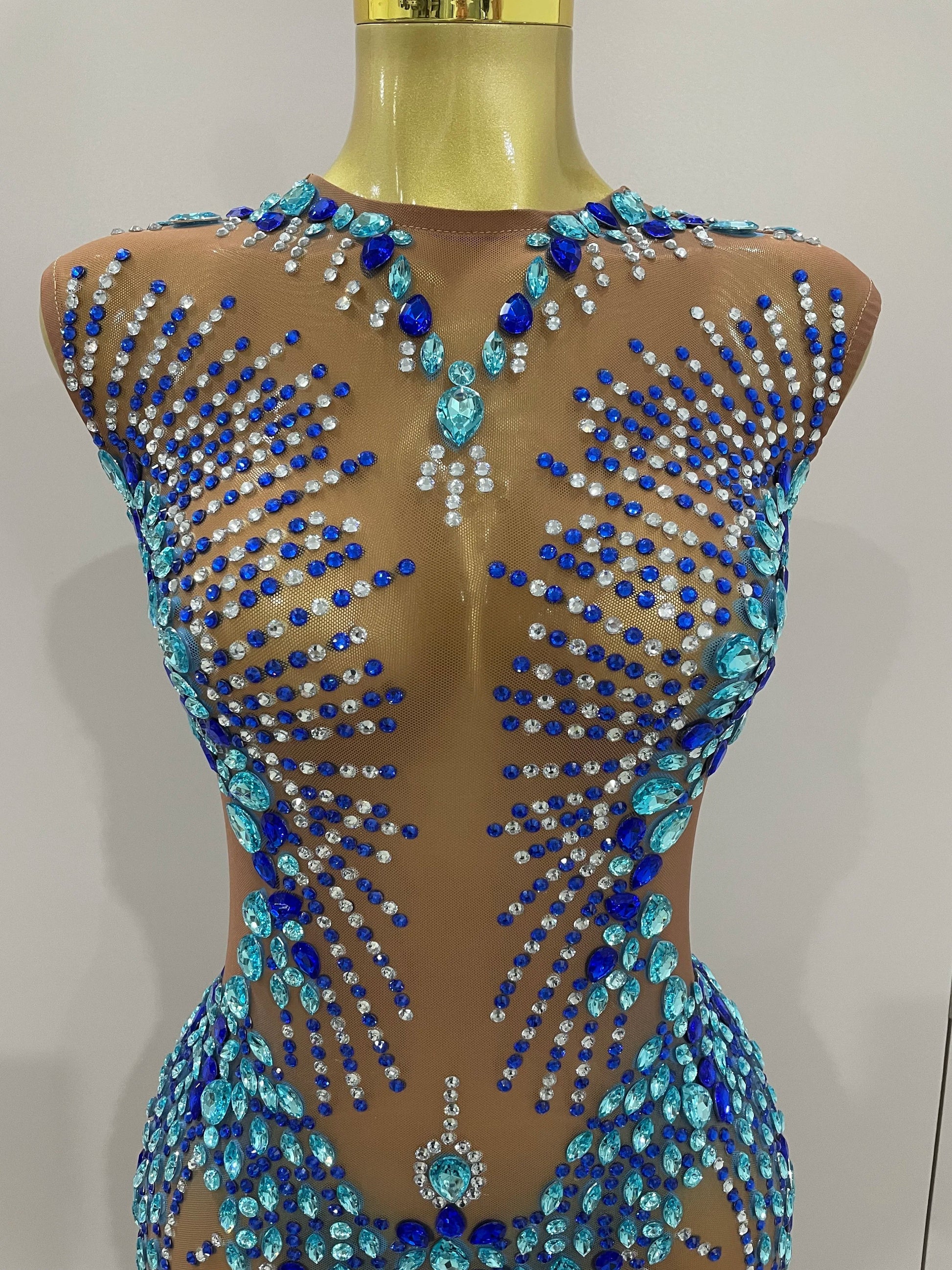 Luxury Sparkly Rhinestones Nude Sexy Mesh Maxi Dress Women Evening Birthday Party Elegant Gown Show Red carpet Stage Costume