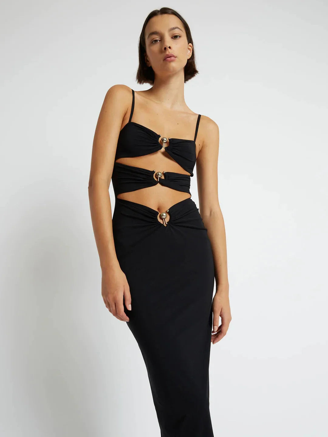 Black Color Women Sleeveless Sexy Strap Fashion Holes Bodycon Mid-calf Dress Bandage Birthday Party Celebrate Dress