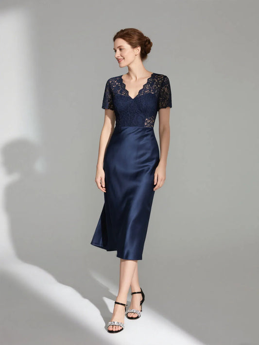 Sexy A-Line V Neck Short Sleeves Mother of the Bride Dress Elegant with Lace Tea Length Wedding Guest Dress 2025 free customized