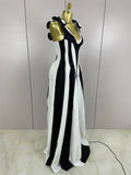 Sexy Black White Flower Stripe High fork Sleeveless Bandage Long Dress Women Vacation Party Elegangt Party Club Dresses