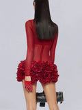 Red Color Women Long Sleeve Sexy Mesh See Through Florals Ball Gown Mini Dress Nightclub Party Celebrate Performance Stage Wear