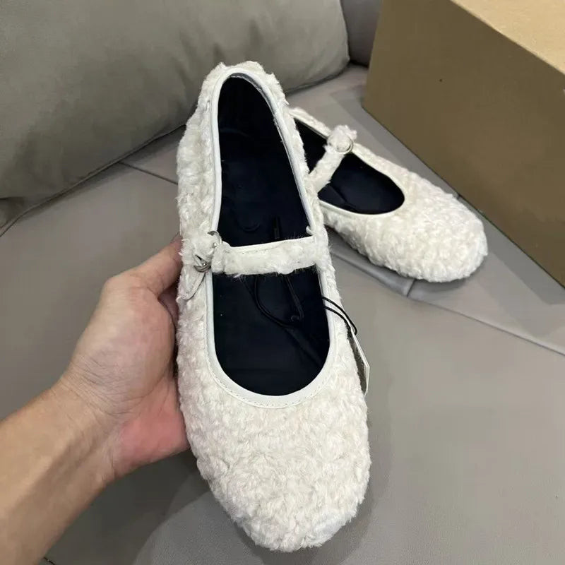 2025 Winter Warm Furry Wool Women Ballet Flats Comfortable Soft Soles Mary Janes Walking Loafers Casual Girls Dance Lazy Shoes