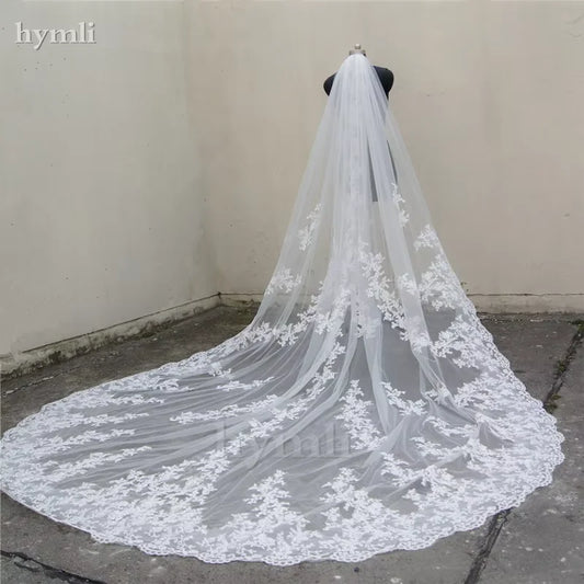 118" Long, 110" Wide 1 Layer Lace Applique Wedding Veil Cathedral Length Bridal Veil with Comb