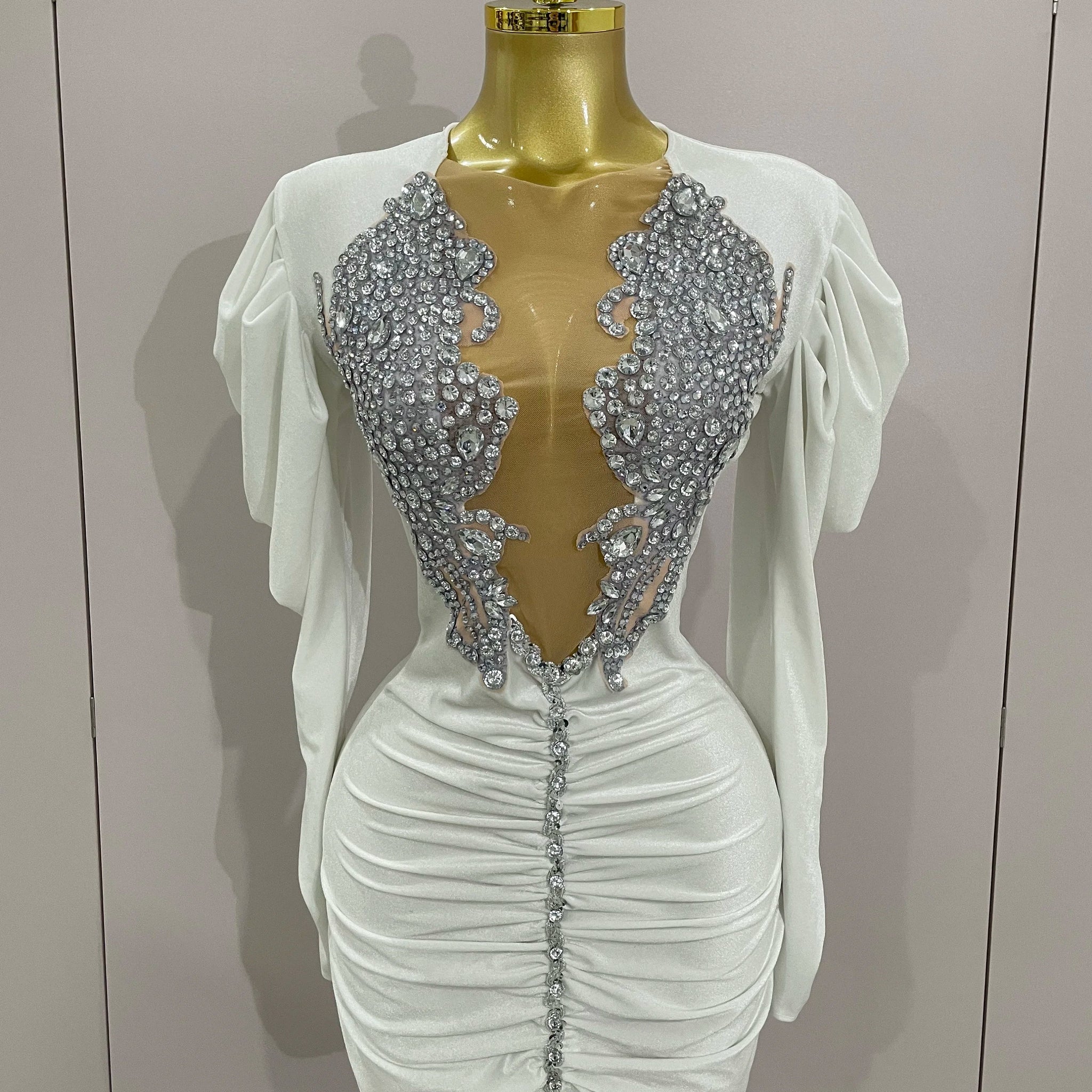 Luxury Sparkly Crystals Sexy Mesh White Velvet Short Dress Women Elegant Evening Prom Birthday Party Dresses Stage Costume WHITE