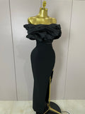 Sexy Off-Shoulder Side Slit Solid Color Pleat Skirt Strapless Bandage Women Evening Luxury Birthday Formal Party Dress
