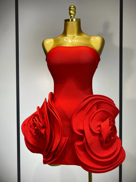 Celebrity Sexy Strapless Backless Flower Red Mini Bodycon Bandage Dress Knitted Elegant Evening Club Luxury Birthday Dress