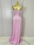 Luxury Pink Rhinestones Split Floor Length Dress Women Sexy Evening Celebrate Birthday Party Dress Photoshoot Stage Wear