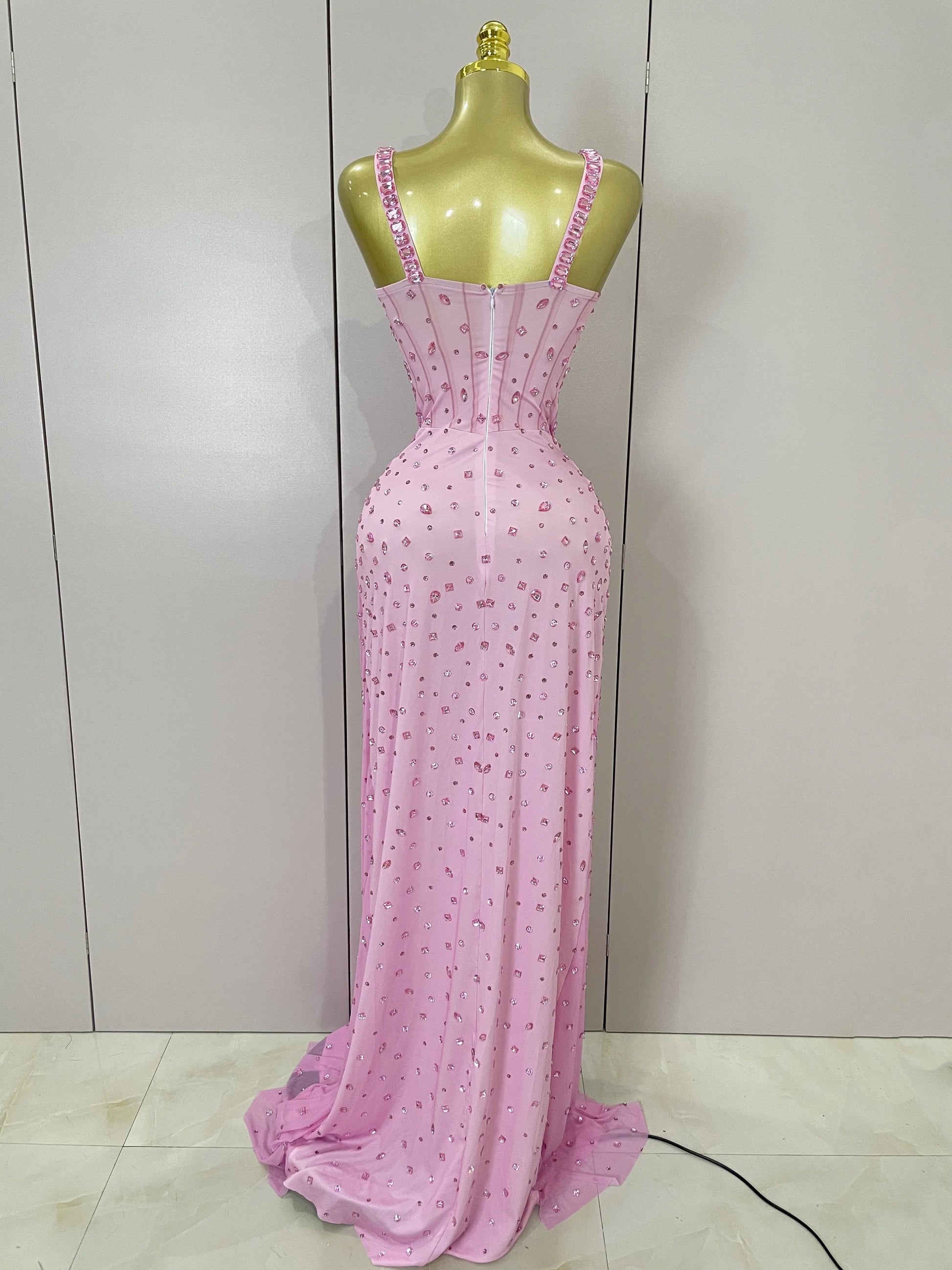 Luxury Pink Rhinestones Split Floor Length Dress Women Sexy Evening Celebrate Birthday Party Dress Photoshoot Stage Wear