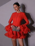 Solid Spliced Button Slimming Mini Dresses For Women O Neck Long Sleeve High Waist Patchwork Ruffles Female Fashion New 2025