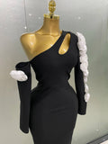 Sexy One Shoulder Key Hole Flower Maxi Long Bodycon Bandage Dress Women Knitted Elegant Evening Club Party Outfit