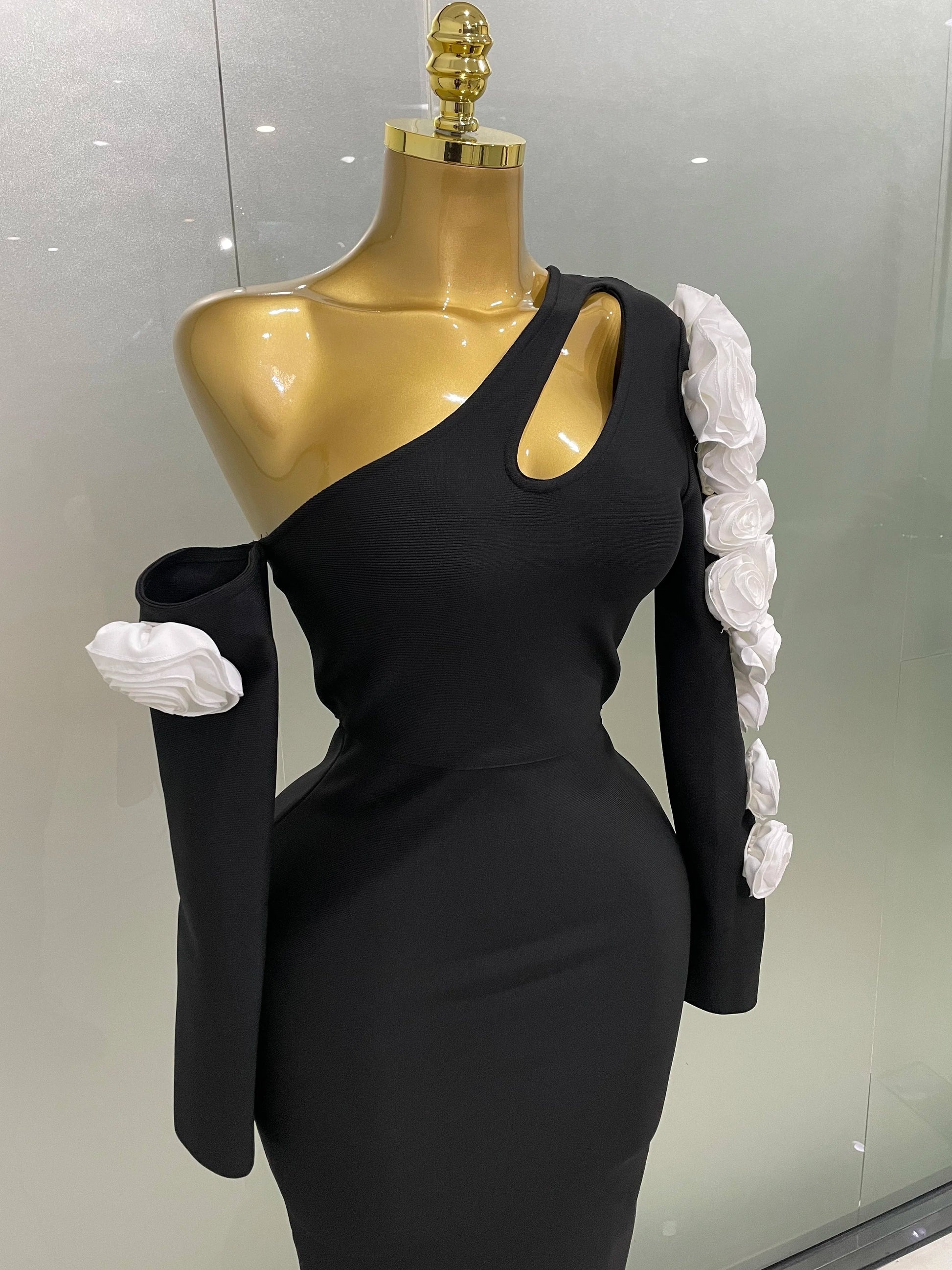 Sexy One Shoulder Key Hole Flower Maxi Long Bodycon Bandage Dress Women Knitted Elegant Evening Club Party Outfit