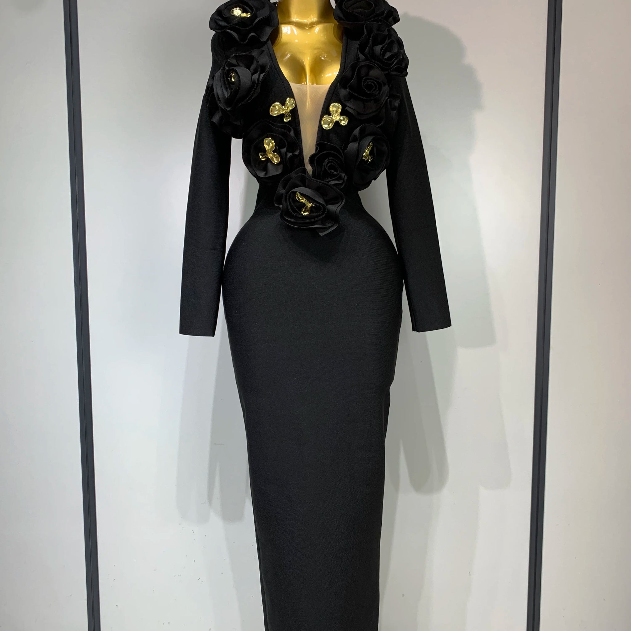 Sexy Fashion Red 3D Flower Long Sleeves Bodycon Bandage Dress Women Celebrity Elegant Evening Party Club Luxury Birthday Dresses black