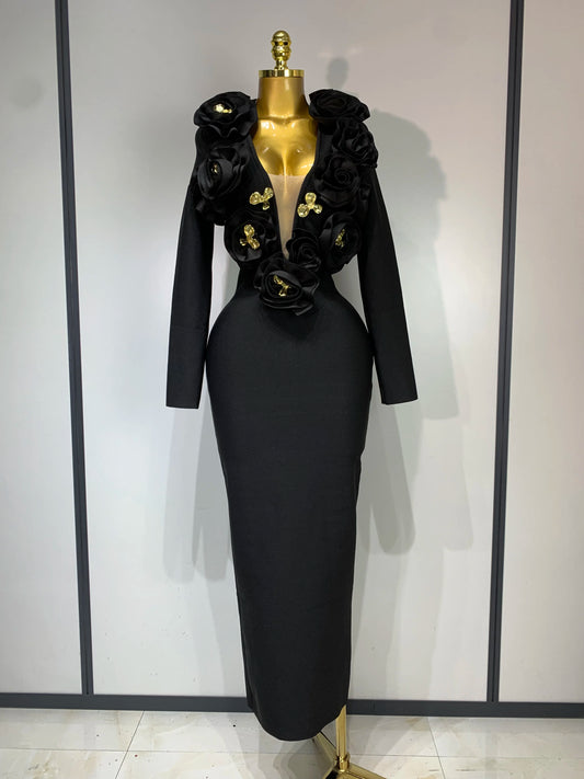 Sexy Fashion Red 3D Flower Long Sleeves Bodycon Bandage Dress Women Celebrity Elegant Evening Party Club Luxury Birthday Dresses black