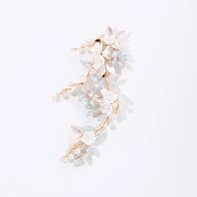 Porcelain Flower Hair Clip Pin Pearl Opal Hairpin Brides Women Vintage Gold Color Headpieces Wedding Accessories Bridal Jewelry