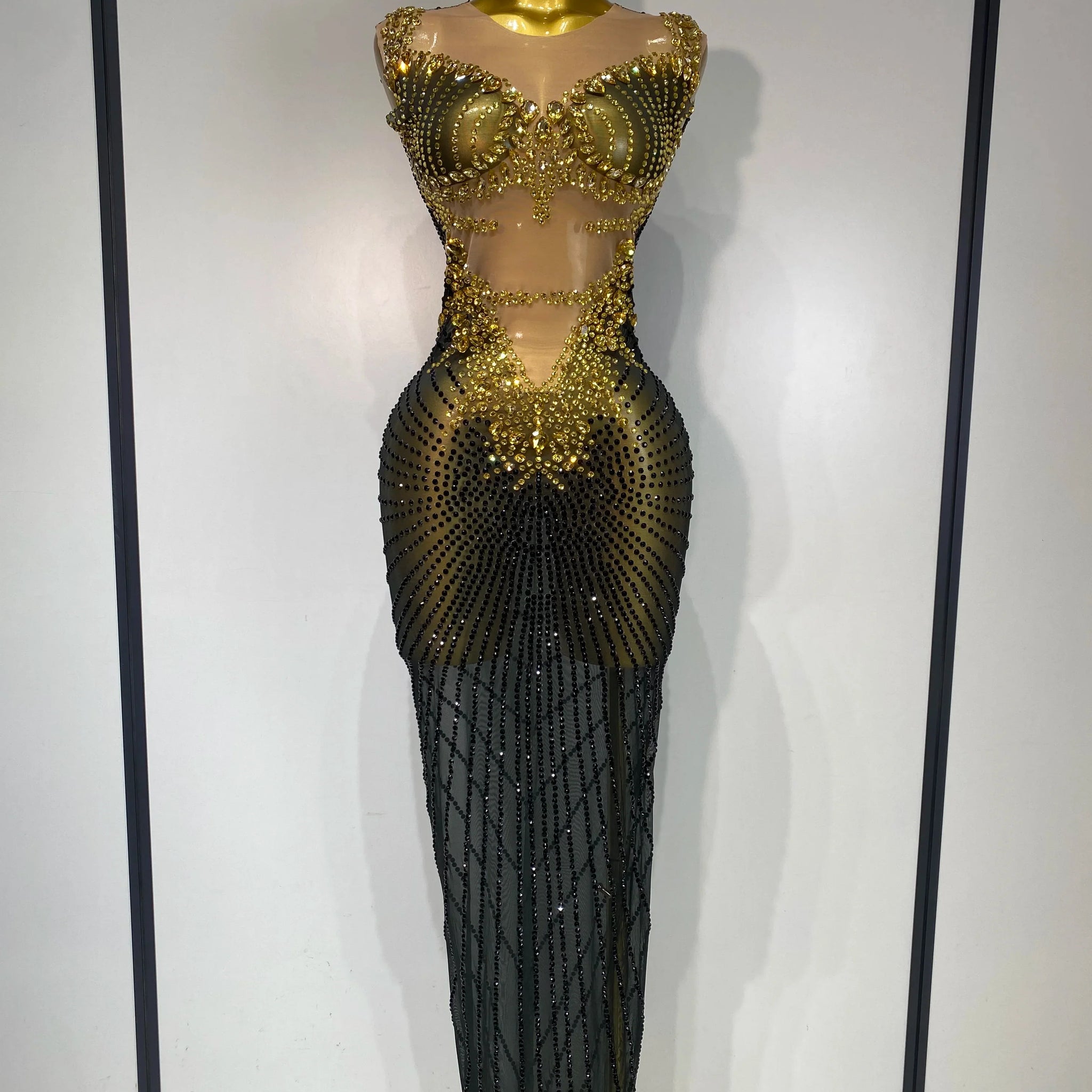 Women Sexy Sparkly Rhinestones Sleeveless Long Dress Club Birthday Celebrate Evening Photo Shoot Stage Performance Costume